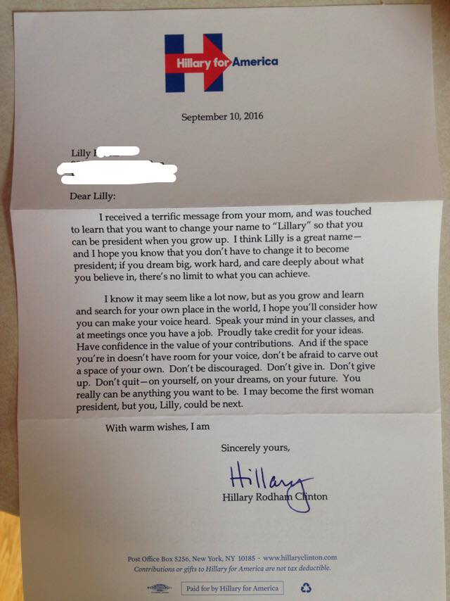 Lilly Rosen-HEinz's letter from Hillary Clinton