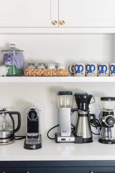 A new coffee and tea bar is the perfect place for the family’s appliances — and keeps them from cluttering up the kitchen counters.