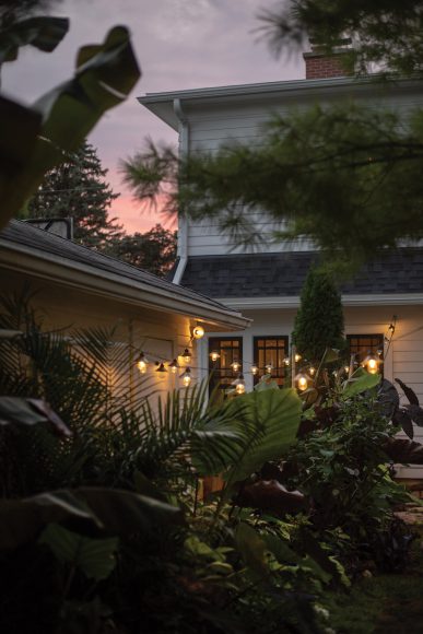 Café lights twinkle in Melissa's backyard amongst arborvitae, black elephant ears and a palm plant from Urban Garden & Greenhouse in Waunakee. “I love using a giant tropical plant from May to October in the ground to fill a large spot,” says Melissa.