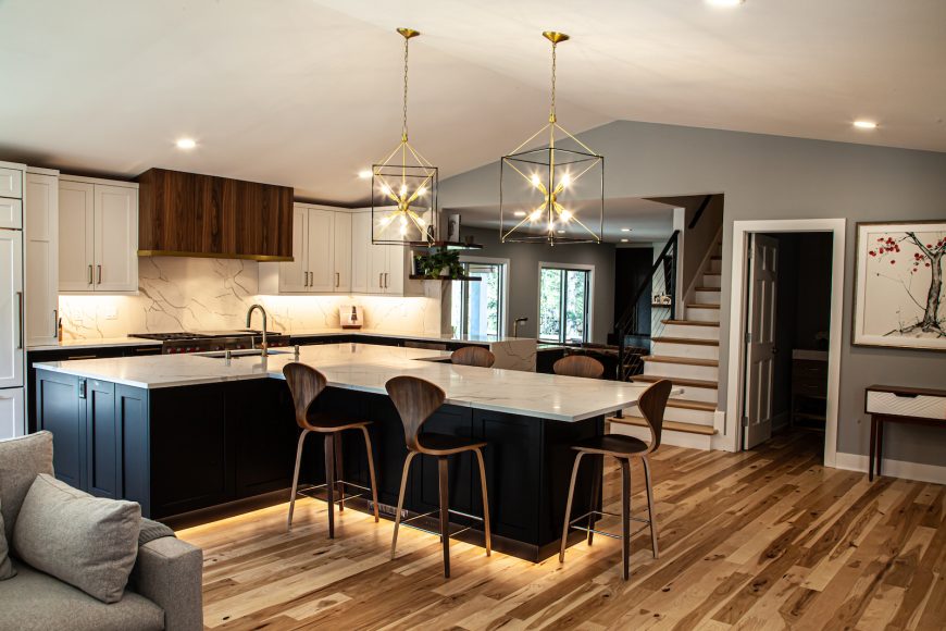 The striking hardwood flooring is character-grade hickory from Old World Floors. Character-grade refers to planks with a lot of variation in the natural wood’s characteristics, such as knots, cracks and color.