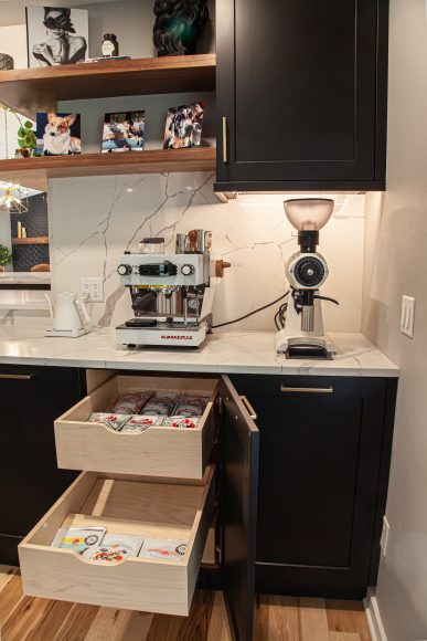 SMART STORAGE: The couple requested drawers in their espresso bar that fit coffee bags from JBC Coffee Roasters when laid flat, so they can easily see the varieties on hand.