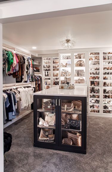 The remodeled closet expertly showcases Nicole Bradley’s handbag and shoe collection, lending the space a boutique-like look.