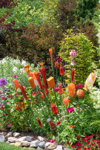 Hemenway collected orange, red/cranberry, milk glass and cobalt bottles for her decor from flea markets, and vintage and thrift stores throughout the state.
