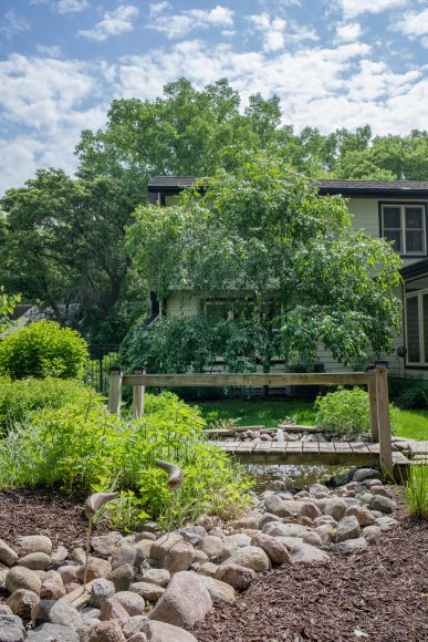 In 2009, Vaughan rented a backhoe and dug out soil to create two ponds in her backyard. The process took her a week and a half. Although she has since filled in one of the ponds, she loves the remaining pond’s peaceful vibe, with a small bridge and river rocks.