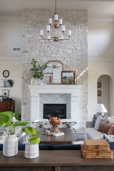 The great room has a whopping 24-foot-tall ceiling.