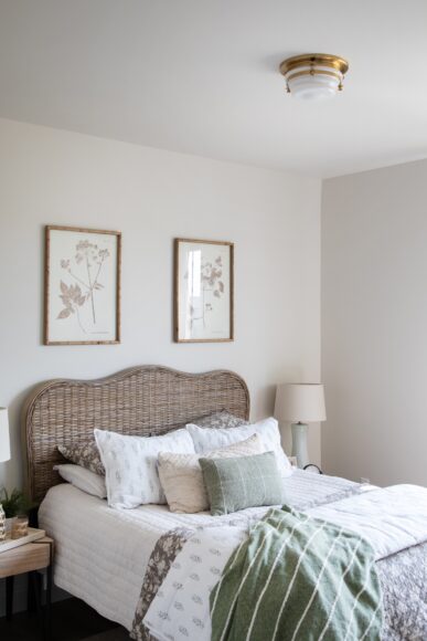 Tonia sourced this rattan headboard from Wayfair. “I’ve used that headboard so many times [in homes] because it has texture in the rattan, and I love the scallop detail,” she says.