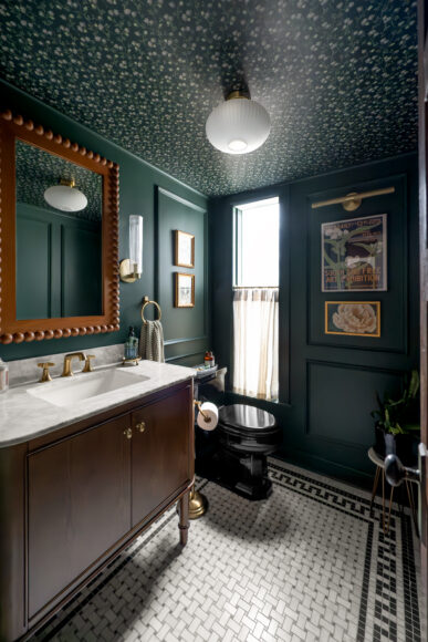 For the base of the room, Hansen chose Sherwin-Williams’ Dard Hunter Green in an eggshell finish for the walls. The trim work is color-matched and coated in the brand’s urethane trim enamel in semi-gloss.